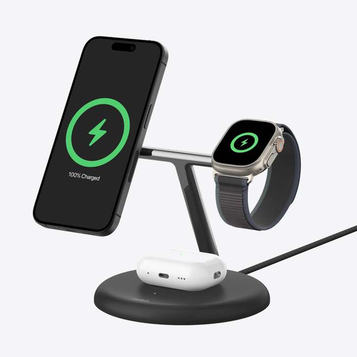 Belkin BOOST CHARGE 3-in-1 Magnetic Wireless Charging Stand with Qi2 15W - Black