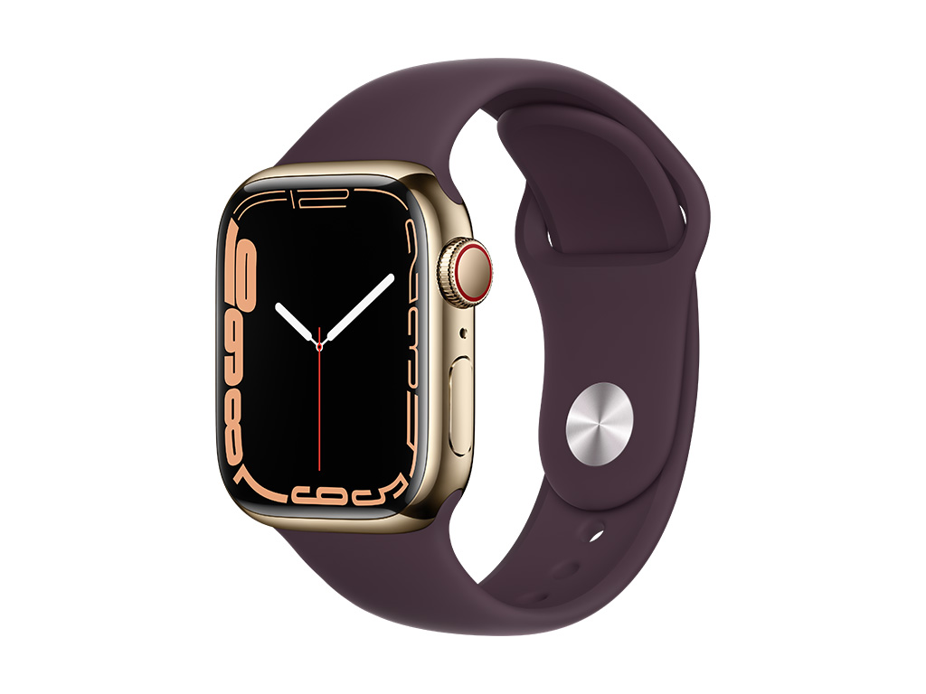 Apple Watch Series 7, Gold Stainless Steel Case with Dark Cherry Sport Band 41mm, GPS + Cellular