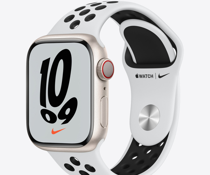 Apple Watch Nike S7 Cellular, 41mm Starlight Aluminium Case with Pure Platinum/Black Nike Sport Band - Regular