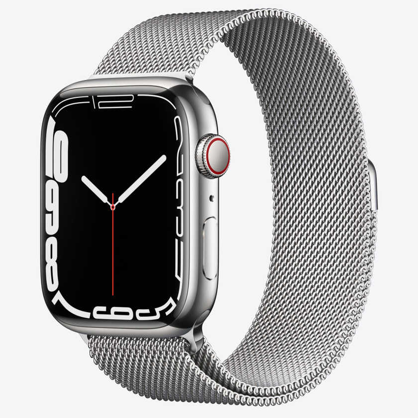 Apple Watch S7 Cellular, 45mm Silver Stainless Steel Case with Silver Milanese Loop