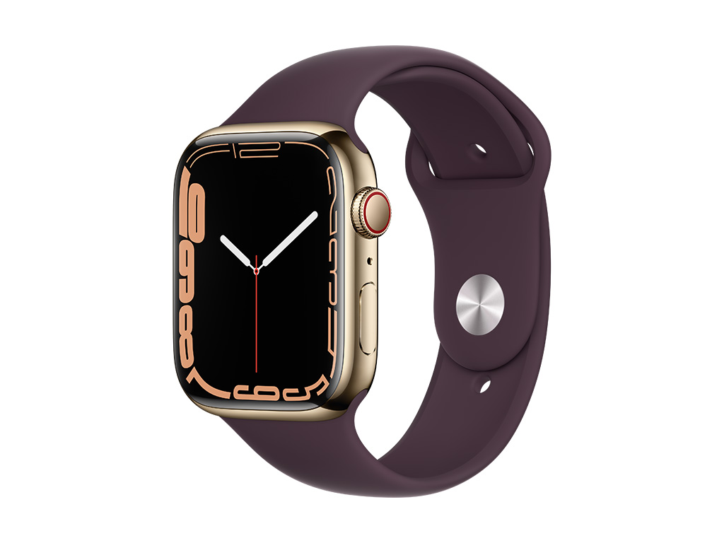 Apple Watch Series 7, Gold Stainless Steel Case with Dark Cherry Sport Band 45mm, GPS + Cellular