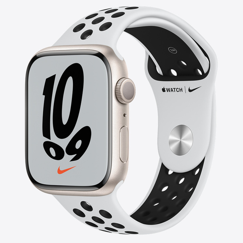 Apple Watch Series 7, Nike Starlight Aluminum Case with Pure Platinum-Black Nike Sport Band 45mm, GPS