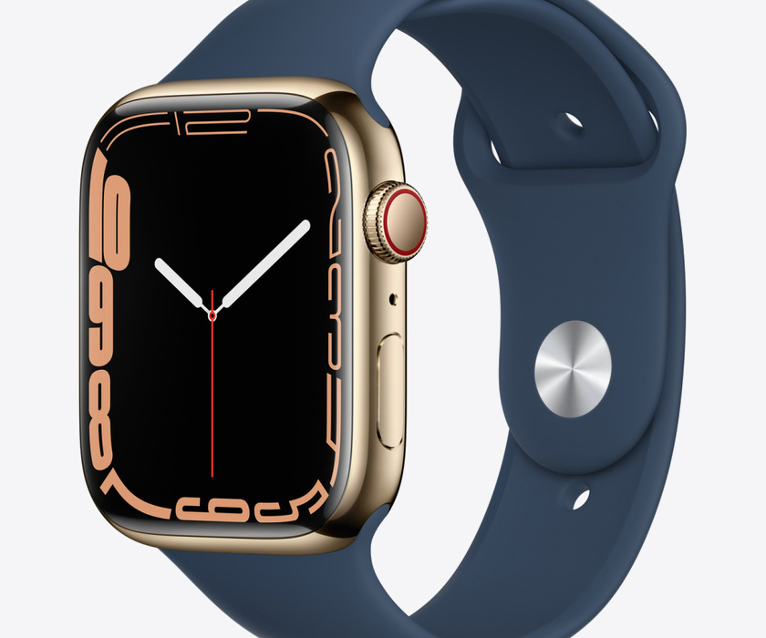 Apple Watch S7 Cellular, 45mm Gold Stainless Steel with Abyss Blue Sport Band - Regular