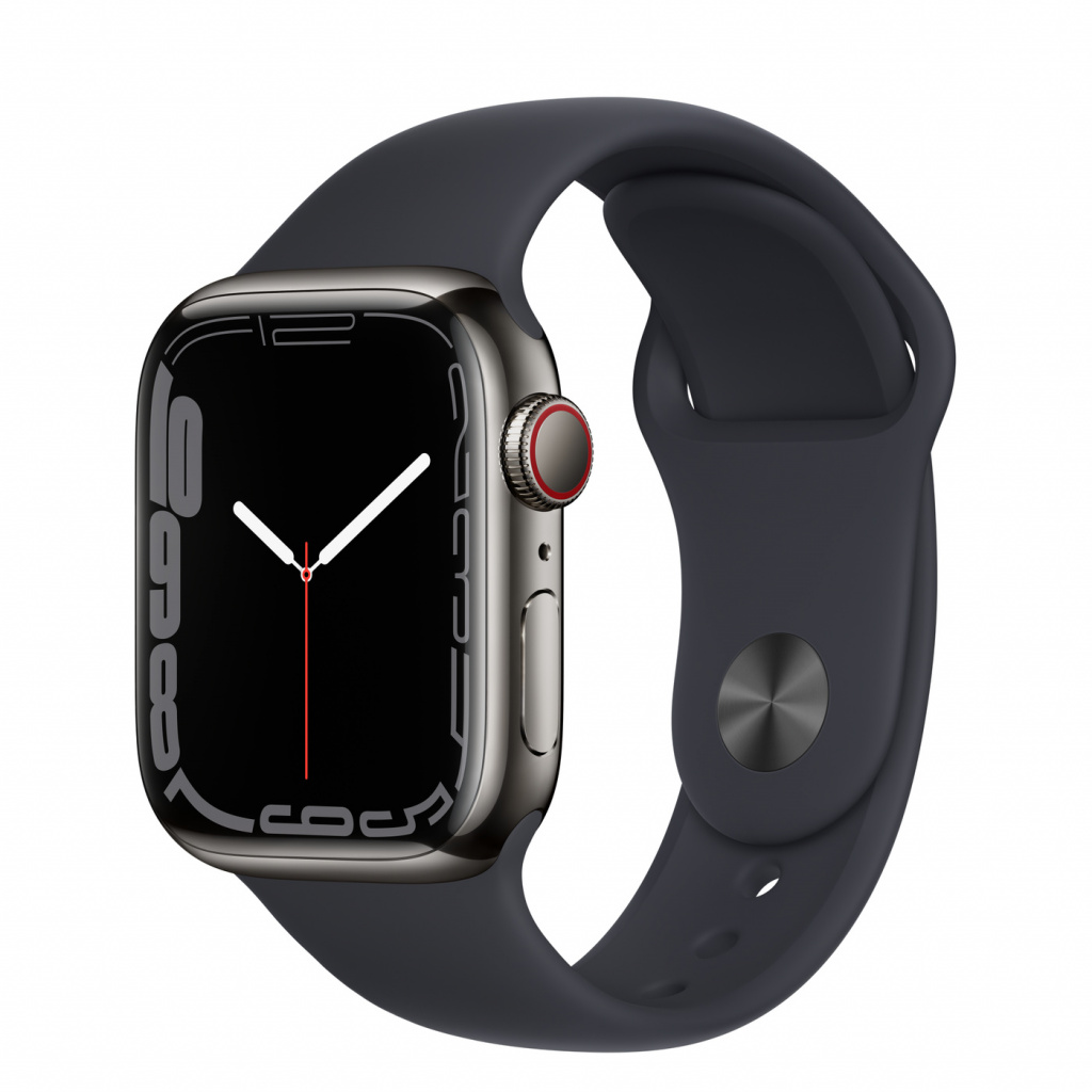 Apple Watch S7 Cellular, 41mm Graphite Stainless Steel with Midnight Sport Band - Regular