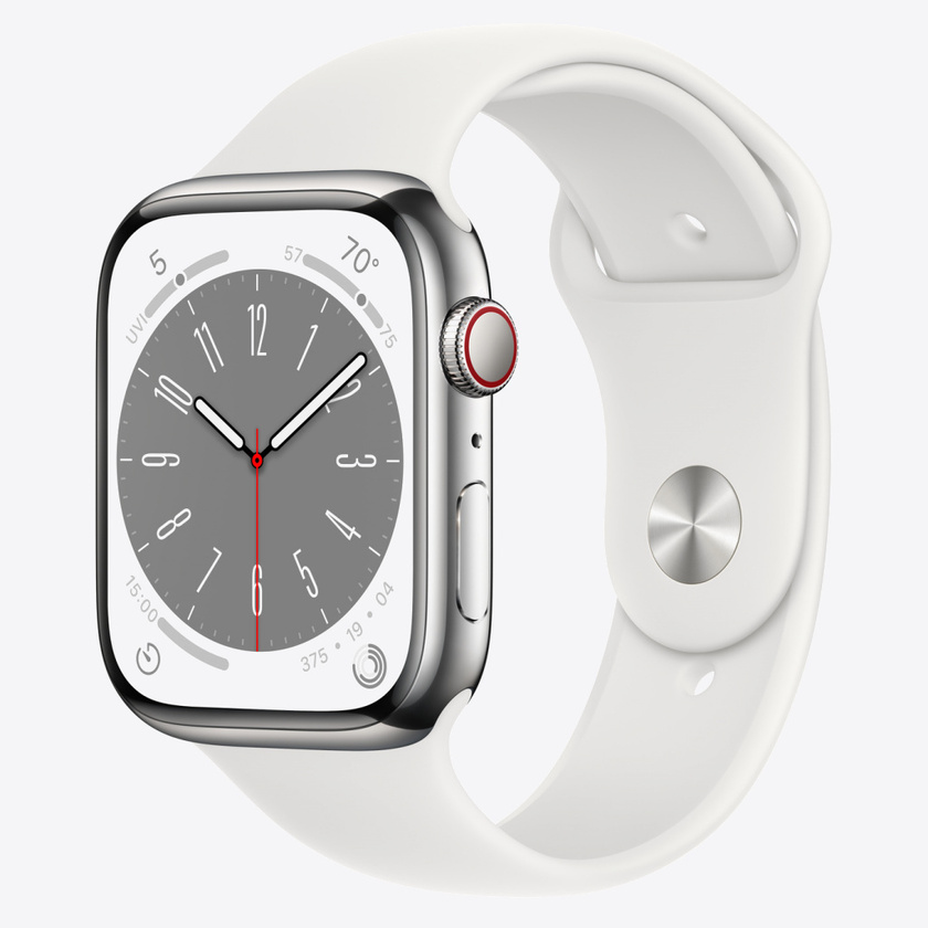 Apple Watch Series 8 GPS + Cellular 45mm Silver Stainless Steel Case with White Sport Band - Regular