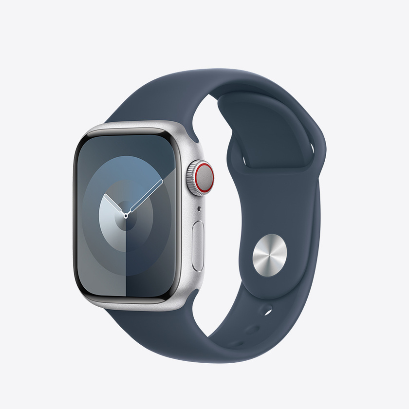 Apple Watch Series 9 Cellular 41mm Silver Alu Case w Storm Blue Sport Band - M/L