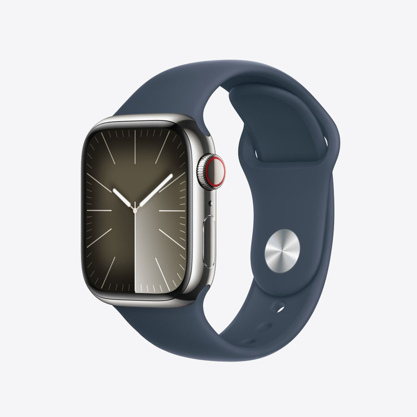 Apple Watch Series 9 Cellular 41mm Silver Stainless Steel Case w Storm Blue Sport Band - S/M