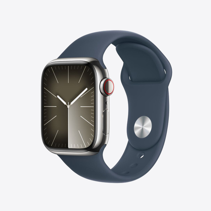 Apple Watch Series 9 Cellular 41mm Silver Stainless Steel Case w Storm Blue Sport Band - M/L