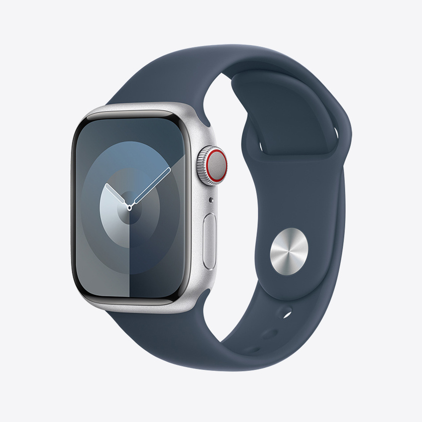 Apple Watch Series 9 Cellular 45mm Silver Alu Case w Storm Blue Sport Band - M/L