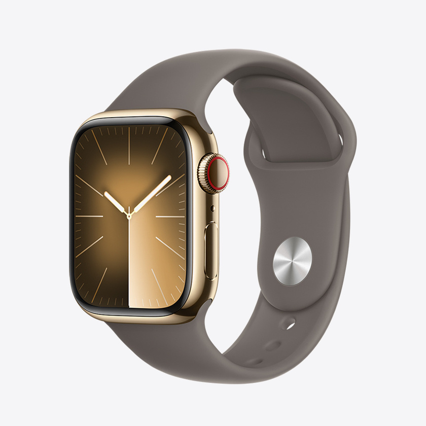Apple Watch Series 9 Cellular 45mm Gold Stainless Steel Case w Clay Sport Band - S/M