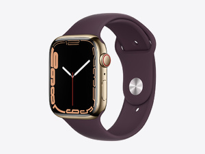 Apple Watch Series 7, Gold Stainless Steel Case with Dark Cherry Sport Band 45mm, GPS + Cellular