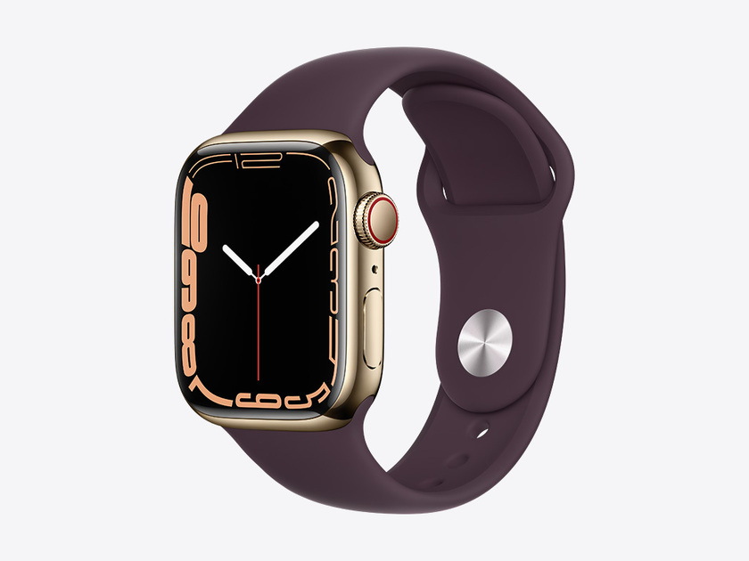 Apple Watch Series 7, Gold Stainless Steel Case with Dark Cherry Sport Band 41mm, GPS + Cellular